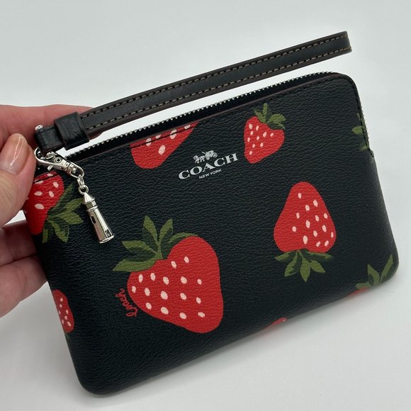 Coach Handbags - NWT Coach Corner Zip Wristlet with Wild Strawberry Print - Silver/Black Multi